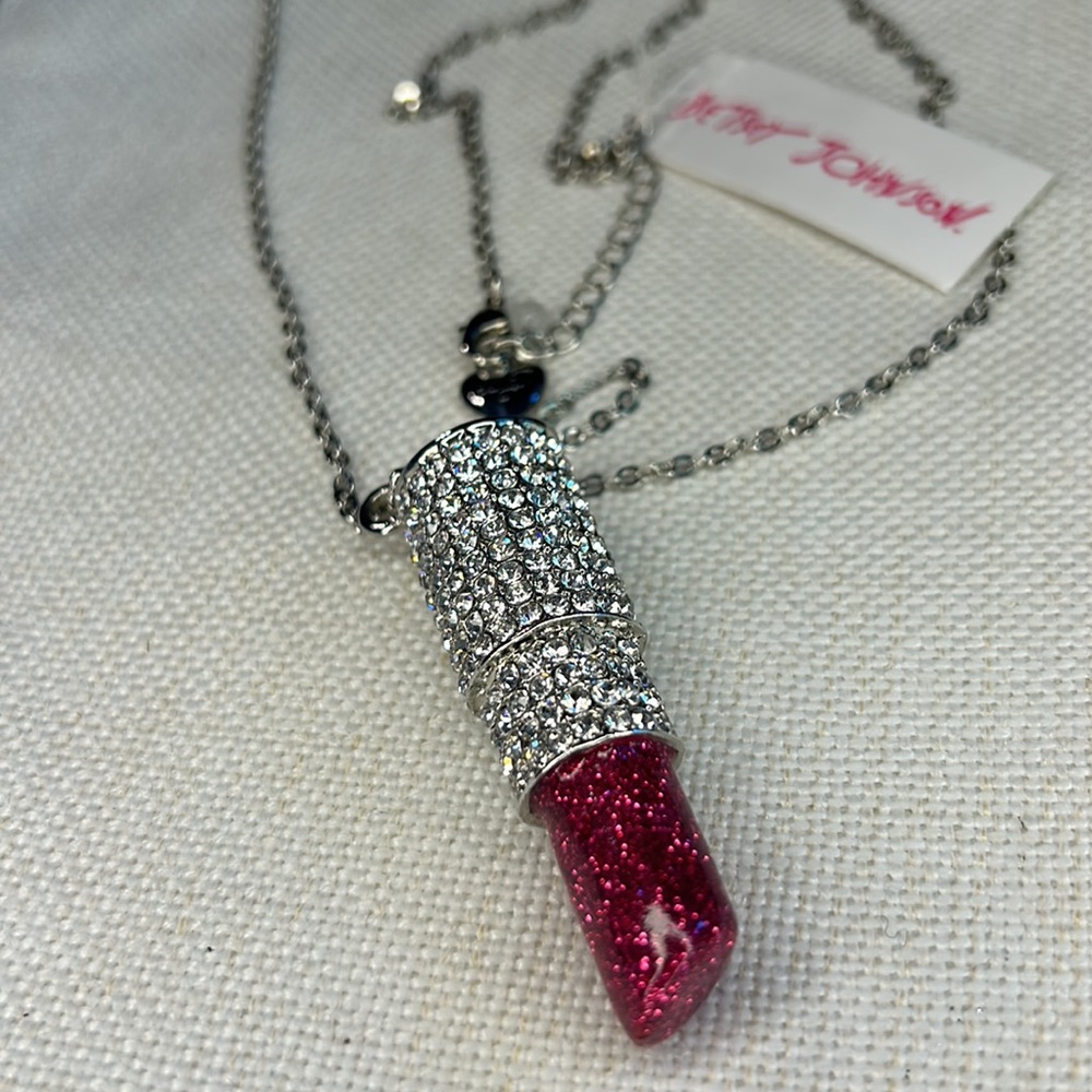 Betsy Johnson Lipstick Necklace Rhinestone Pendant Long 30" Chain NWT